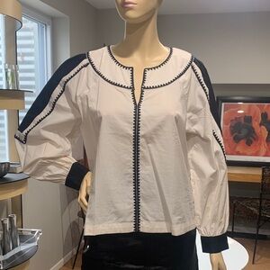LOFT Black and White Embroidered Blouse